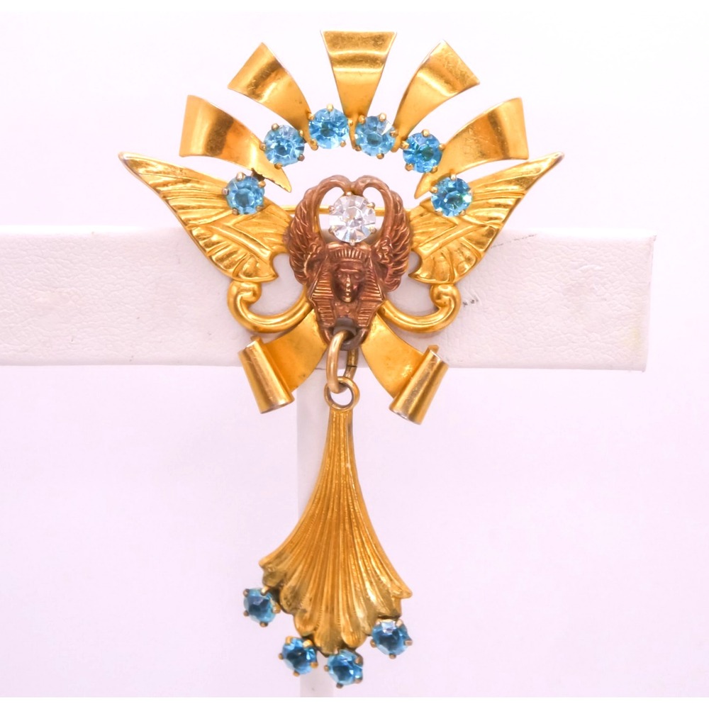 Egyptian Revival Rhinestone Winged Sphinx Drop Dangle Brooch Pin Vintage 2.5"